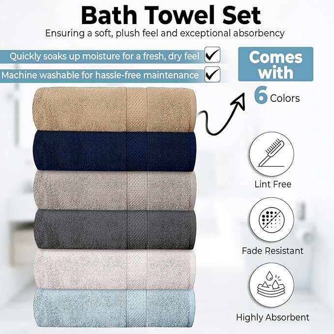 QUBA LINEN Hotel & Spa 100% Cotton Bath Towels Pack of 6, Ultra Soft, Quick Dry, Lightweight, Highly Absorbent, Perfect for Shower, Spa, Gym, Pool, Hotel, Resort & Daily Use (Multi-Color - 24" x 48")