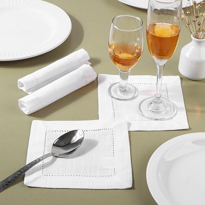 FINGERCRAFT Cocktail Napkins 6 x 6 Inch Premium Quality Cotton, Generous Hemstitch and Mitered Corner Set of 12 Coaster Cloth White