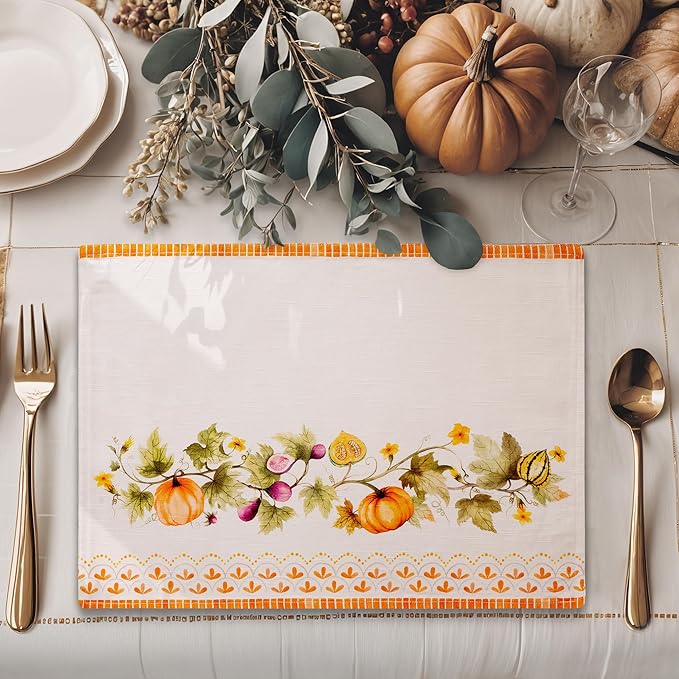 Maison d' Hermine Placemats Set of 4 100% Cotton Washable Cloth Place Mats, Reusable Table Mats for Thanksgiving Christmas Decorations Kitchen Dining Party (Pumpkin Garden - Cloudy Cream, 13" x 19")