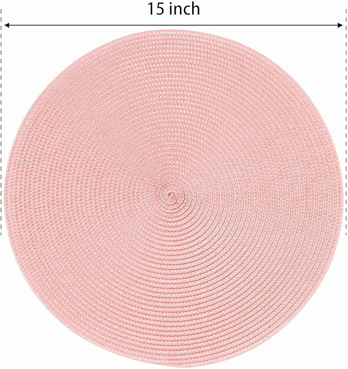 FunWheat Round Braided Placemats Set of 4 Table Mats for Dining Tables Woven Washable Non-Slip Place mats 15inch (Pink, 4pcs)