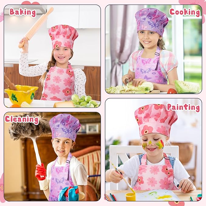 GROBRO7 4Pcs Pink Theme Kids Apron and Chef Hat Set Gift for Girls, Floral Butterfly Adjustable Kitchen Beginner Toddler Aprons with 2 Pockets Waterproof Smocks for Baking Cooking Painting Training