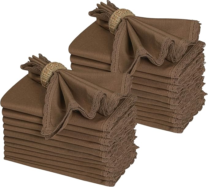 Ramanta Home Linen Flax Cloth Napkins Set of 24 Brown, 18x18 Inch | Easter Premium Cotton Linen Flax Lace Soft & Durable | Washable Ideal for Spring Basket Décor, Wedding Party, Kitchen, Everyday Use