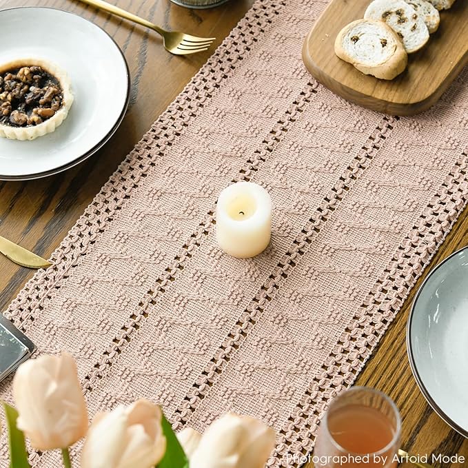 Artoid Mode Pink Farmhouse Woven Rustic Hollow Table Runner, Seasonal Holiday Hollow Kitchen Dining Table Decoration for Home Party Decor 12x108 Inch
