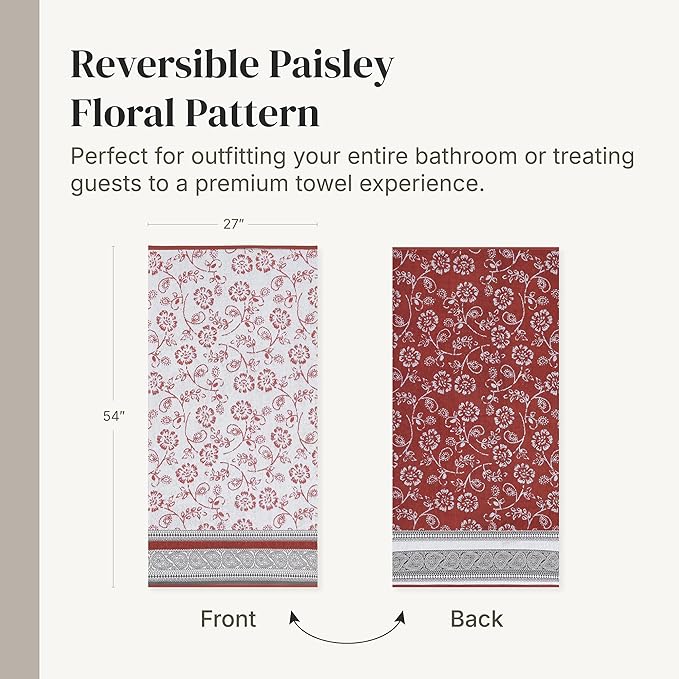 Modern Threads Floral Trail 6-Piece 100% Cotton Towel Set – Reversible Yarn Dyed Jacquard – Includes 2 Bath Towels, 2 Hand Towels, 2 Washcloths – Absorbent, Quick Dry, Soft & Durable – Rust Orange