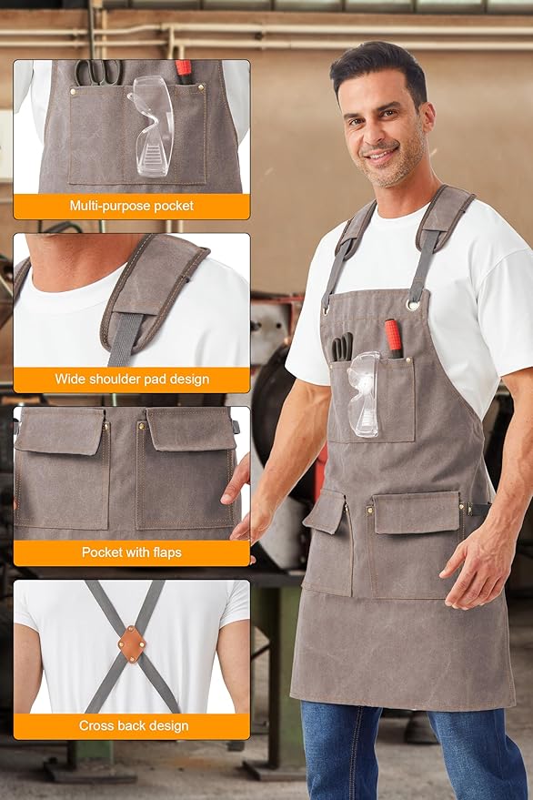 Nanxson Woodworking Apron for Men,Canvas Work Tool Apron Cross Back with Multi-Pockets Waterproof for Carpenter Woodworker