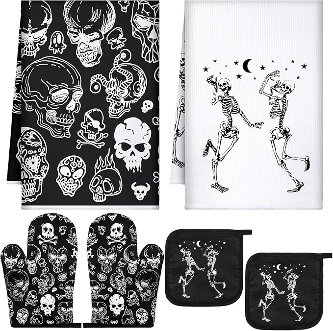 Leinuosen 6 Pcs Skull Kitchen Decor Set Kitchen Towels Gothic Oven Mitts and Pot Holders Skeleton Hand Dish Towels Horror Oven Mitts for Home Decoration Party Gifts (Classic Color,Skull)