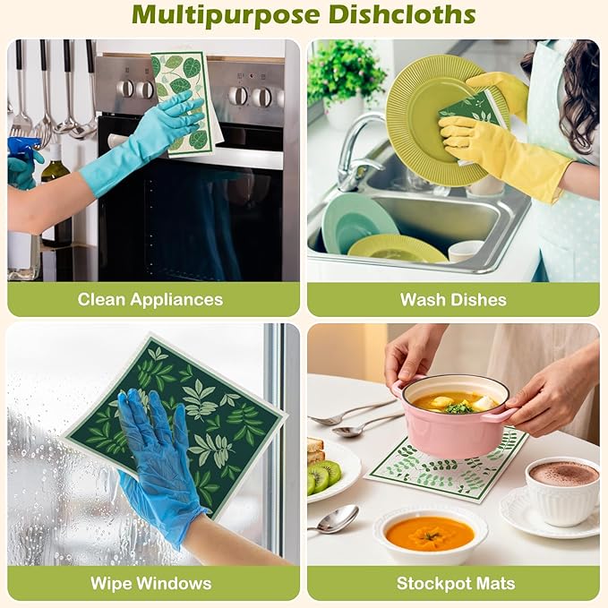 6 Packs Swedish Paper Cloths for Kitchen, Reusable Paper Towels Washable Dish Rags, Highly Absorbent Kitchen Towels Quick Drying Swedish Sponge Cleaning Dish Cloths(Green Plant Leaves)