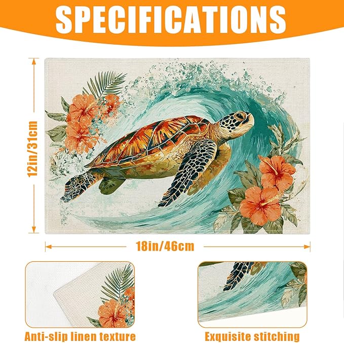 Sea Turtle Flowers Placemats Set of 6,12 x 18 Inch Table Mats Washable Heat Resistant Linen Fabric Rectangle Place Mat for Party Home Kitchen Dining