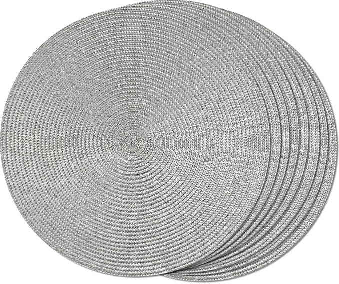 FunWheat Round Braided Placemats Set of 8 Place Mats for Dining Table Woven Washable Non-Slip Table Mats 15 Inch(Grey,8pcs)