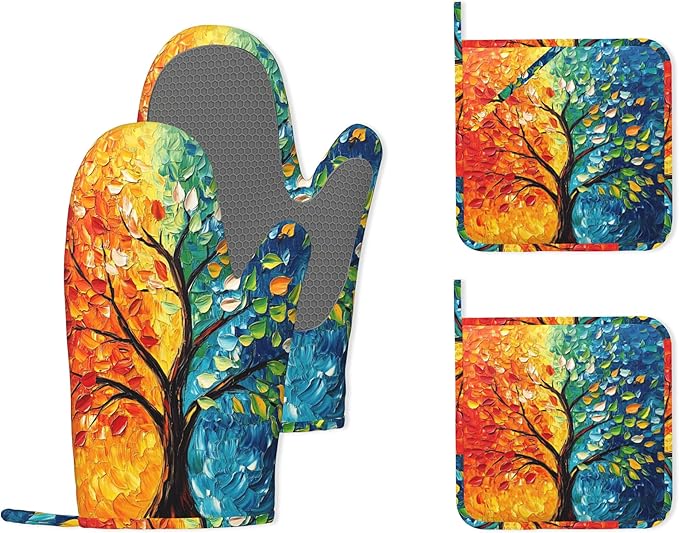 Tree of Life Silicone Oven Mitts and Pot Holders,Heat-Resistant 4 Piece Kitchen Set Non-Slip Oven Gloves and Hot Pads for Cooking, Baking, Grilling,BBQ