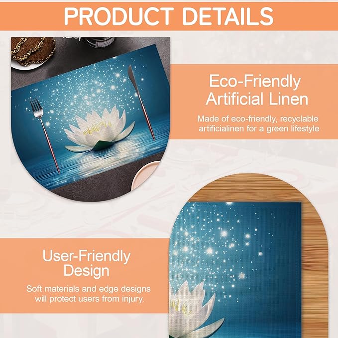 Water Lily Placemats Set of 6,Waterproof Heat Resistant Dining Table Plate Mat for Home Kitchen Dining Table 12x18Inch