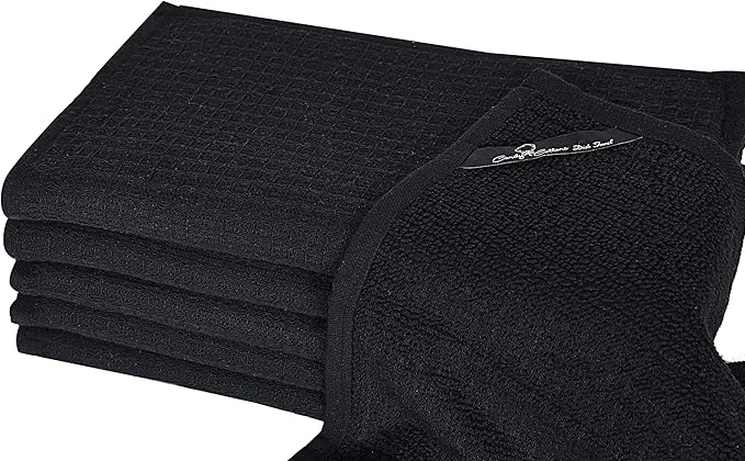 Dish Towels|Kitchen Dish Cloths Two-Sided Waffle Terry|13x28 Inches 100% Cotton Dish Rags Washing Dishes|Super Absorbent Reusable Quick Drying Dish Towels| 6-Pc Set Black