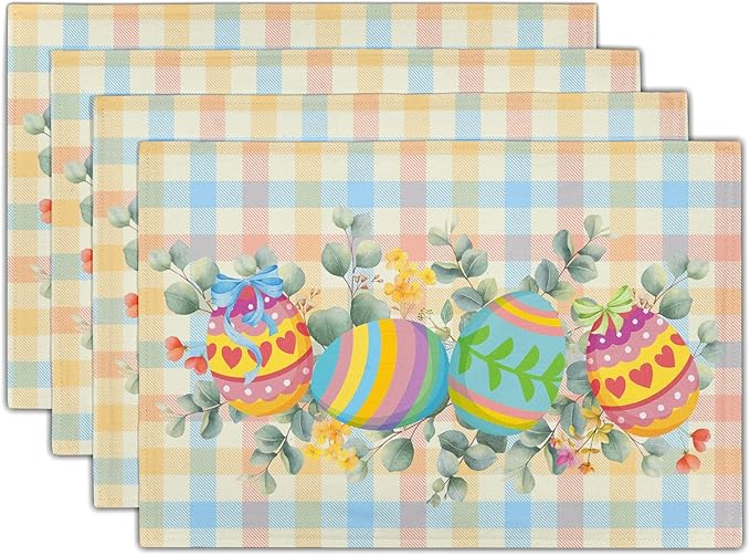 Easter Eggs Placemat Set of 4 Colorful Buffalo Check Plaid Non Slip Heat-Resistant Washable Table Place Mats 12 x 18 Inch for Holiday Seasonal Party Kitchen Dining