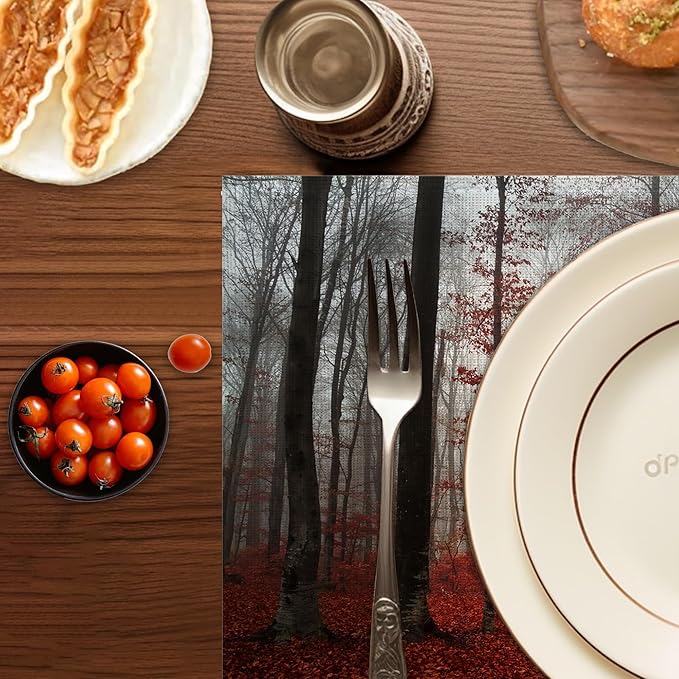 Red Leaf Forest Placemats Set of 6,Washable Heat Resistant 12×18 Inch Linen Table Mats Natural Landscape Park Place Mats for Party Outdoor Dining Décor