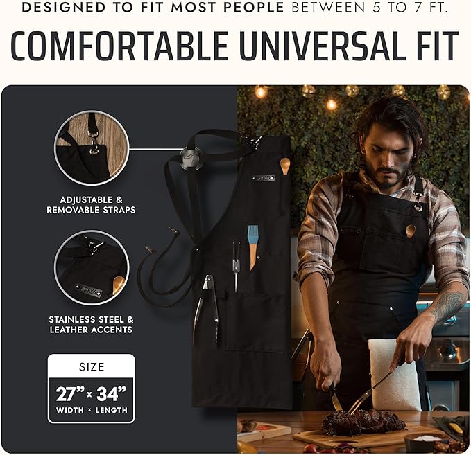 Asaya Chef and BBQ Apron with Bottle Opener and Hand Towel - 10oz Cotton Canvas, Stainless Steel Hardware - Cross Back Straps