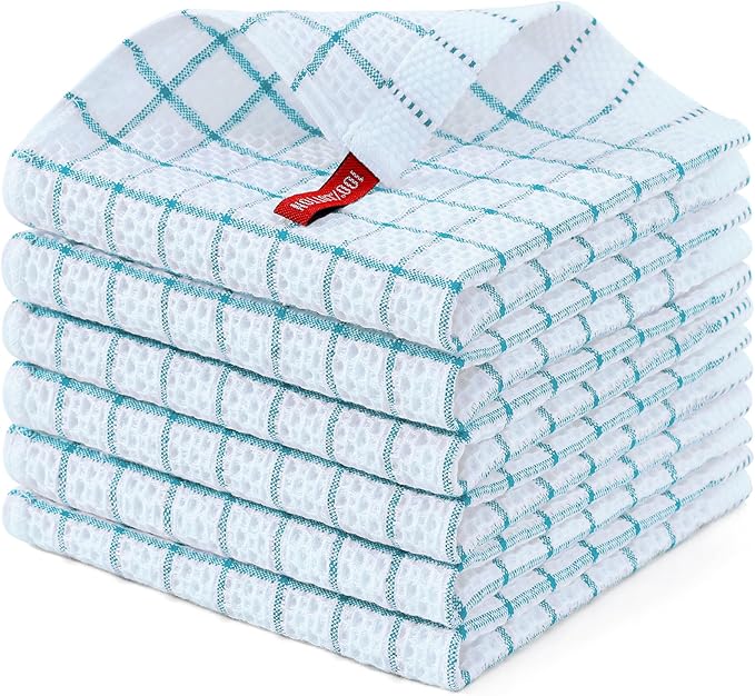 Homaxy 100% Cotton Dish Cloths, 6 Pack-12 X 12 Inches, Check Design Waffle Weave Dish Rags for Washing Dishes, Ultra Absorbent and Fast Drying Dishcloths, Teal