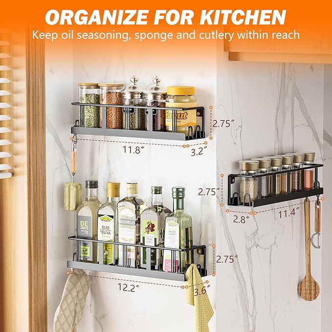 Bunoxea Spice Rack Wall Mounted 4 Pack, Space-Saving Spice Organizer for Spice Jars and Seasonings,Screw or Adhesive Hanging Spice Rack Organizer for Your Kitchen Cabinet,or Pantry Door