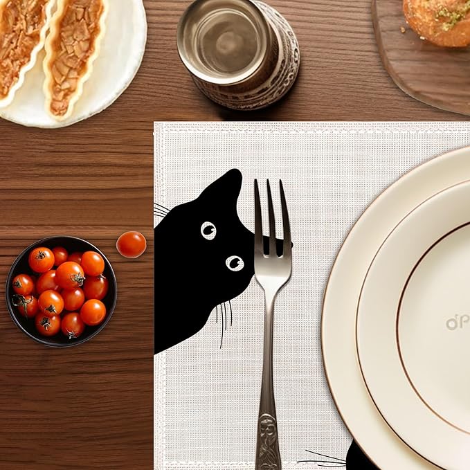 Black Cat Placemats Set of 6,Washable Heat Resistant 12×18 Inch Linen Table Mats Cute Place Mats for Party Outdoor Dining Décor