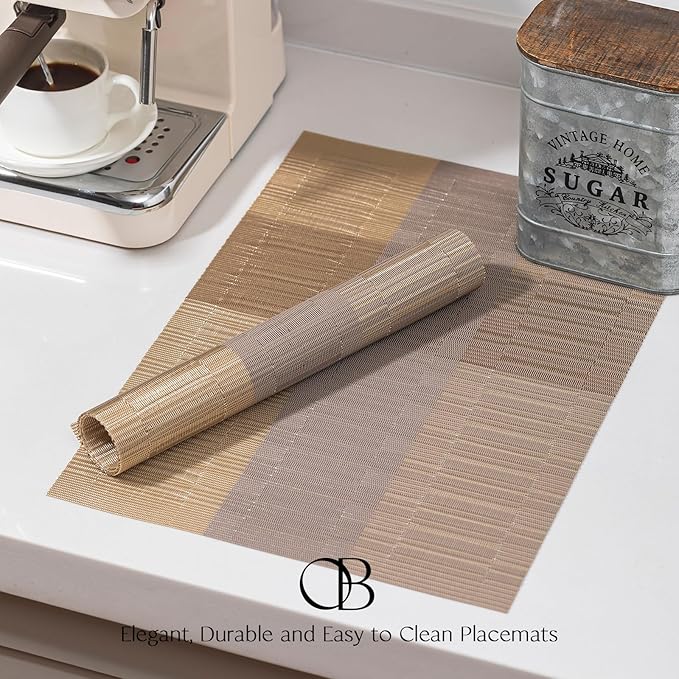 Placemats Set of 12 - Easy Clean Woven Vinyl Placemats for Dining Table, Indoor/Outdoor Place Mats, Washable PVC Table Mats （Gold Dune）