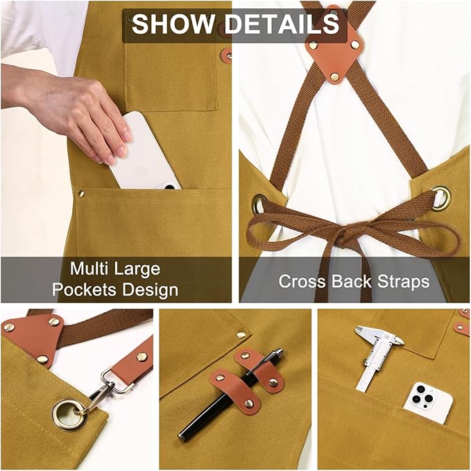 ZOMAO Chef Apron for Women Men with Large Pockets, Cotton Canvas Cross Back Waterproof Work Aprons for Kitchen Cooking Bib