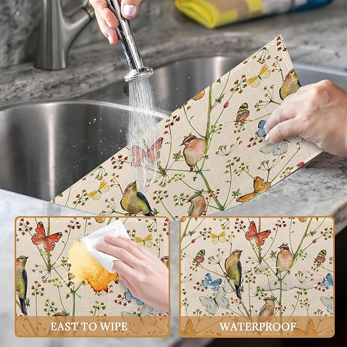 Placemats Set of 6, Vintage Nature with Birds and Butterflies Linen Place Mats,Modern Washable Table Placemats 12"x18" Heat Resistant Table Mats for Dining Kitchen Party Holiday Decoration