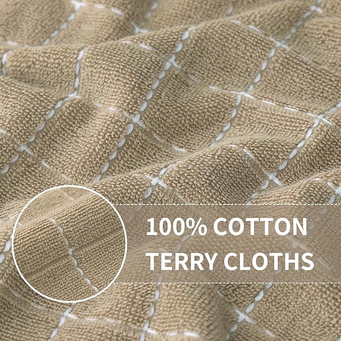 Homaxy Kitchen Towels and Dishcloths Set, 12 x 12 and 13 x 28 Inches, Set of 16 Bulk Cotton Terry Kitchen Towels Set, Checkered Designed, Soft and Super Absorbent Dish Cloths, Tan