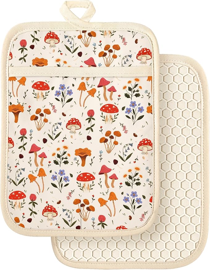Slohif Silcone Mushroom Pot Holders for Kitchen - 100% Cotton Beige Cute Oven Potholders with Pockets, Heat Resistant Square Thick Hot Pads, House New Home Baking Baker Gifts,2pack