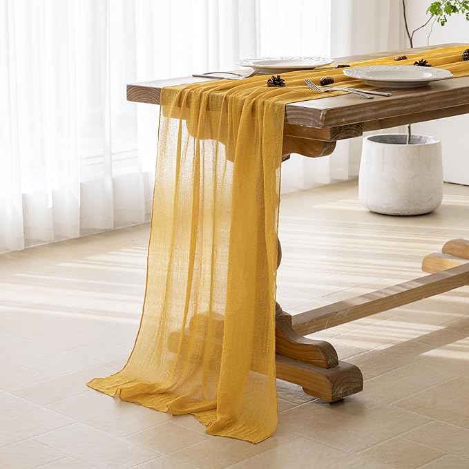 Keketoarrange 3pcs Golden Gauze Rustic Cheesecloth Table Runner 120 Inch 10 FT for Wedding Baby Shower Bridal Shower Birthday Engagement Garden Outdoor Party Long Sheer Boho Decorations
