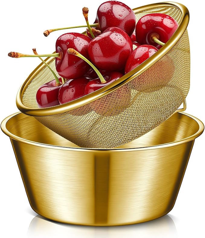 Baderke 2 Pcs Mini Colander & Food Strainer 304 Stainless Steel Small Mixing Colanders Bowl Rice Strainer for Kitchen Cooking Fruit Washing Vegetable (6.3 x 2.76 Inches,Gold)