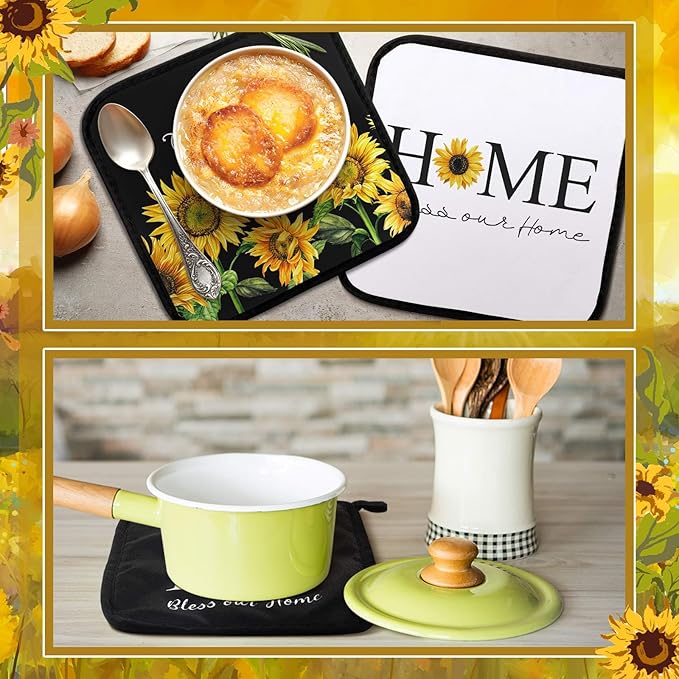 Bencailor 12 Pcs Pot Holders with Pocket Kitchen Hot Potholders Hot Pad Oven Mitts Cookie Bag Oven Gloves for Kitchen Gift Baking Cooking(Yellow,Hello Sunflower)