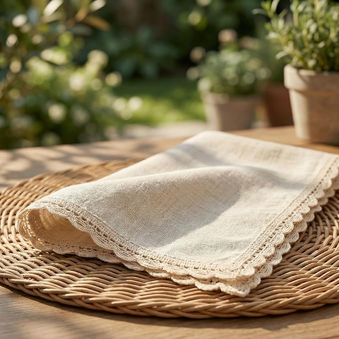 Flax Lace Cloth Dinner Napkins Set of 4 Natural - 20x20 Inches, Premium Cotton Linen Reusable Dinning Table Napkin Ideal for Spring, Easter, Birthday | Washable Everyday Use Napkin for Banquet Event