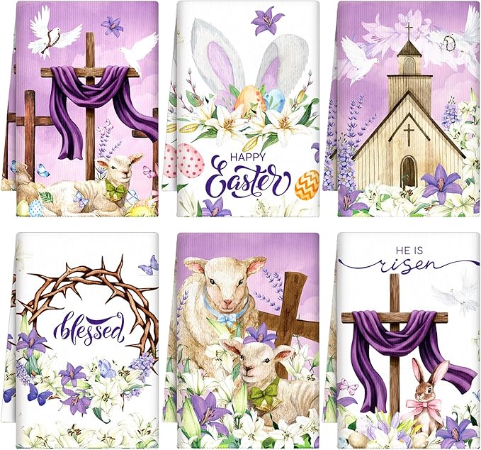 Breling Set of 6 Happy Easter Kitchen Towels Religious Dish Towel Bathroom Decorative Christian Lily Cross Thorny Cloths Easter Decorations for Home Decorations Spring Gift, 14 x 21 Inch