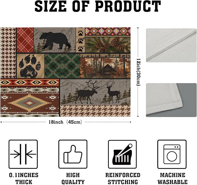 Rustic Lodge Bear Deer Placemats Set of 4, 12x18 Inch Vintage Cabin Pine Cone Wild Animal Place Mats Boho Style Country Heat Resistant Table Mats for Holiday Party Kitchen Dining Table