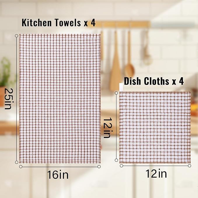 Homaxy Kitchen Towels and Dishcloths Set, 16 x 25 and 12 x 12 Inches, Set of 8 Cotton Terry Kitchen Dish Towels, Super Soft and Absorbent Dish Cloths, Brown