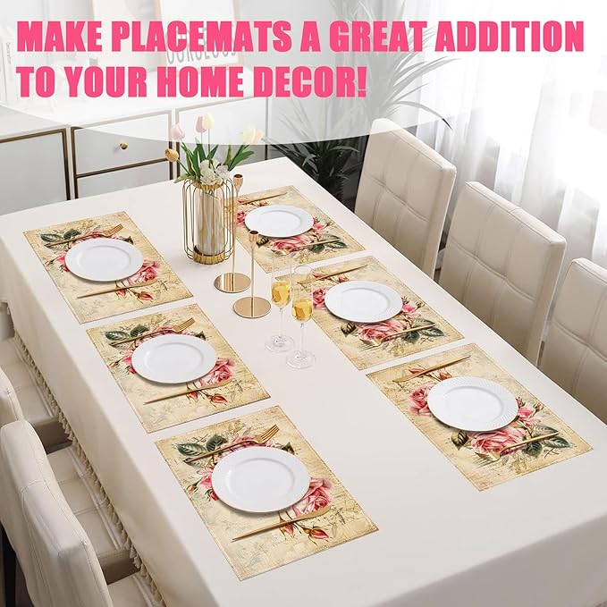Vintage Rose Placemats Set of 6,12x18 Inch Spring Floral Linen Place Mat Washable Stain Resistant Table Mats for Spring Summer Seasonal Farmhouse Kitchen Party Home Decor