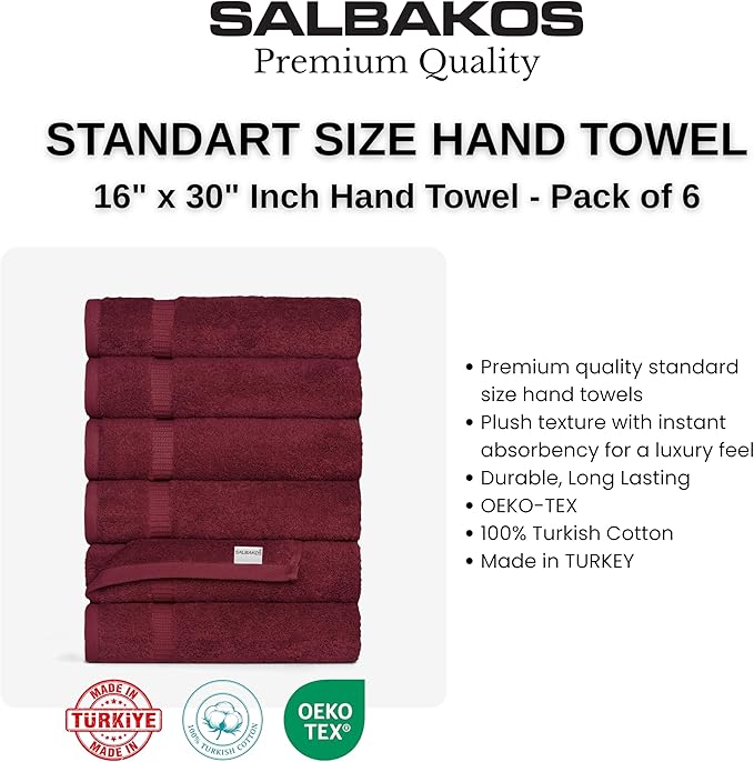 SALBAKOS 100% Turkish Cotton Hand Towel Set of 6 16x30 inch | Heirloom Quality | Hotel & Spa Collection | Ultra Soft, Super Absorbent, Long Lasting | Made in Turkey | Wine