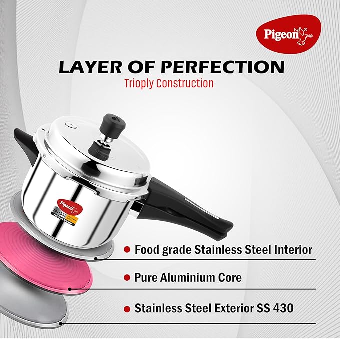 Pigeon Pressure Cooker - 3 Quart - Inox Stainless Steel Outer Lid Induction Base - Cook delicious food in less time: soups, rice, legumes, and more - 3 Liter