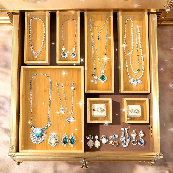 Bamboo Drawer Organizer Boxes - Set of 7 Wooden Drawer Organizers for Kitchen, Bathroom, Office, Desk, Vanity, Makeup - Non-Slip Junk Drawer Organizer Trays for Storage and Organization