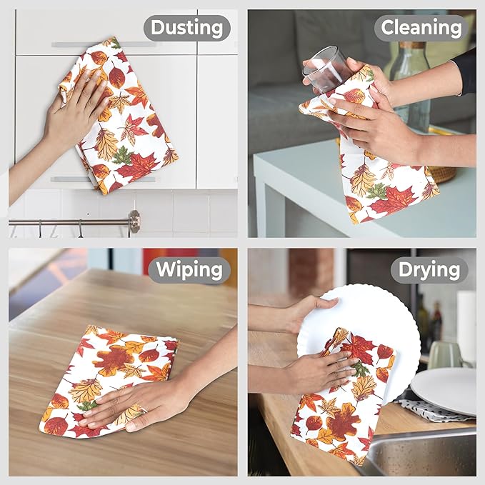 Urban Villa Kitchen Towels Harvest Leaves Print Dish Towels Set of 6 20" X30” 100% Cotton Highly Absorbent Quick Drying Dish Cloths & Dish Towels Thanksgiving Fall Tea Towels with Hanging Loop Towels