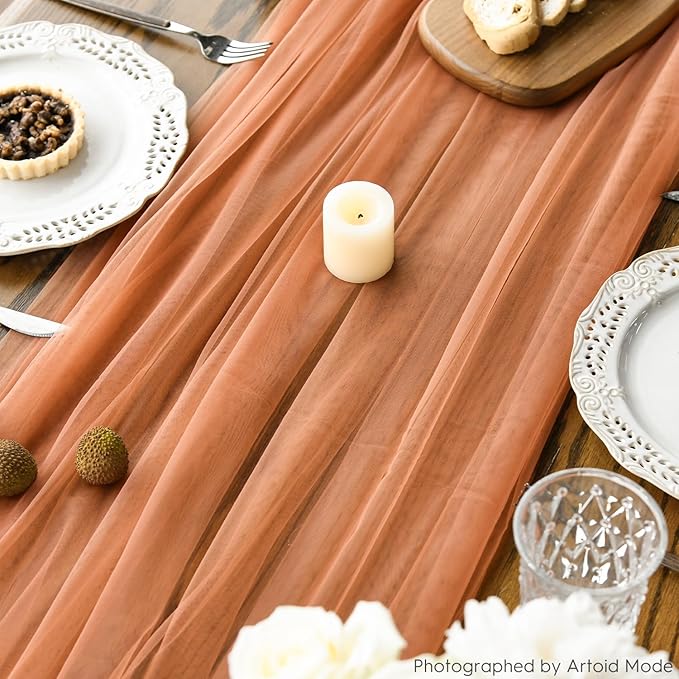 Artoid Mode 3PCS Terracotta Gauze Table Runner 120 Inch 10FT, Seasonal Sheer Kitchen Dining Holiday Wedding Birthday Baby Shower Table Decor for Home Party