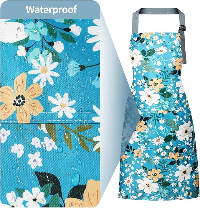 Floral Apron Women, 2 Pack Aprons for Women with Pockets, Waterproof Kitchen Apron Aprons for Cooking, Baking