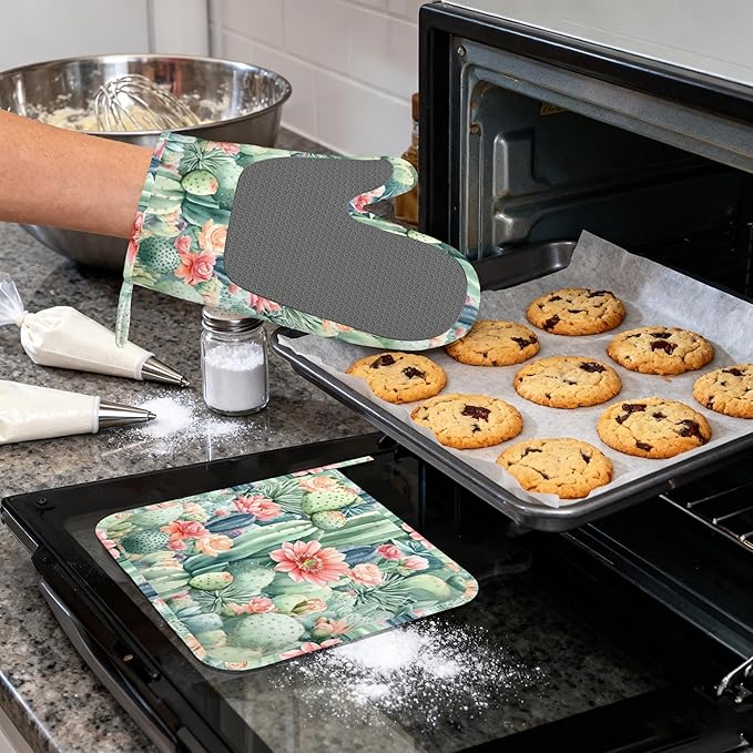 Cactus Flower Succulent Plant Heat-Resistant Silicone Oven Mitts and Pot Holder 4 Piece Set,Non-Slip Kitchen Oven Gloves for Baking, BBQ, Cooking,Grilling