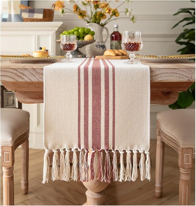Caflife Boho Fall Table Runner for Modern Farmhouse Decor, Dining Table décor 13 x 72 Inch Long, Coffee Table Runner with Handcrafted Tassels, Rust and Beige, for Home Bohemian Decoration
