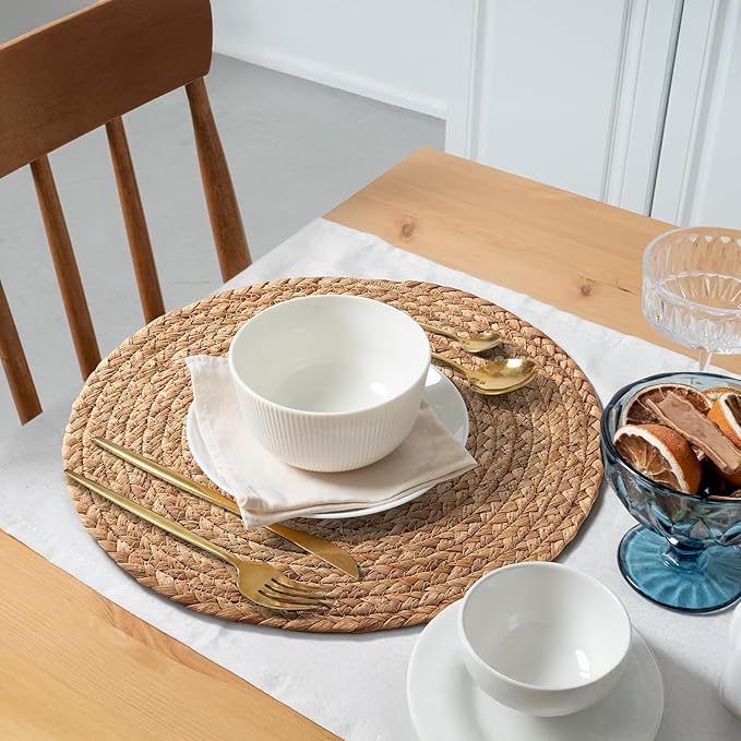 Aofmee 12 inch Round Woven Placemats Set of 10, Boho Rattan Place Mats, Natural Water Hyacinth Table Placemats, Farmhouse Weave Table Mats, Rustic Braided Wicker Charger Plates for Dining Table Decor