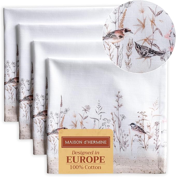 Maison d' Hermine Cloth Napkins Set of 4 100% Cotton Everyday Reusable Square Napkins Cloth Washable Dinner Wedding Gifts for Mothers Day Spring/Summer (Meadow Florals - Brown, 20" x 20")