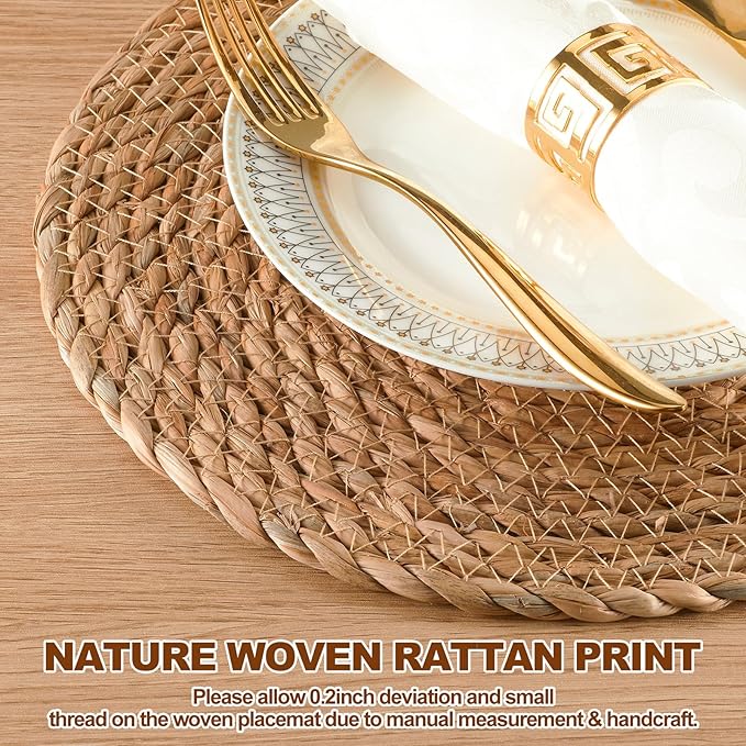Round Woven Placemats 13 inch Set of 4 - Boho Rattan Placemats Natural Water Hyacinth Placemat, Farmhouse Weave Place Mats, Rustic Braided Wicker Table Mats for Dining Table,Home,Wedding
