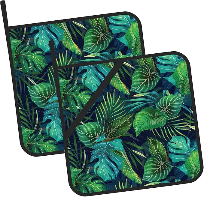 Green Tropical Leaves Pot Holders Set of 2 Kitchen Heat Resistant Potholder for Microwave Cooking Baking Oven End Dishes and BBQ