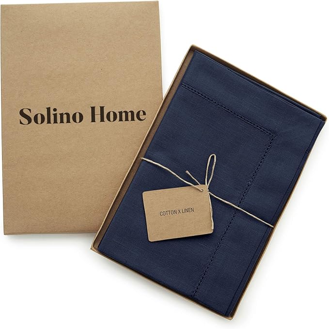 Solino Home Navy Blue Napkins Set of 4 - Cotton Linen Hemstitch Dinner Napkins Cloth 20 x 20 Inch for Spring, Summer, Mothers Day, Memorial Day - Handcrafted and Machine Washable