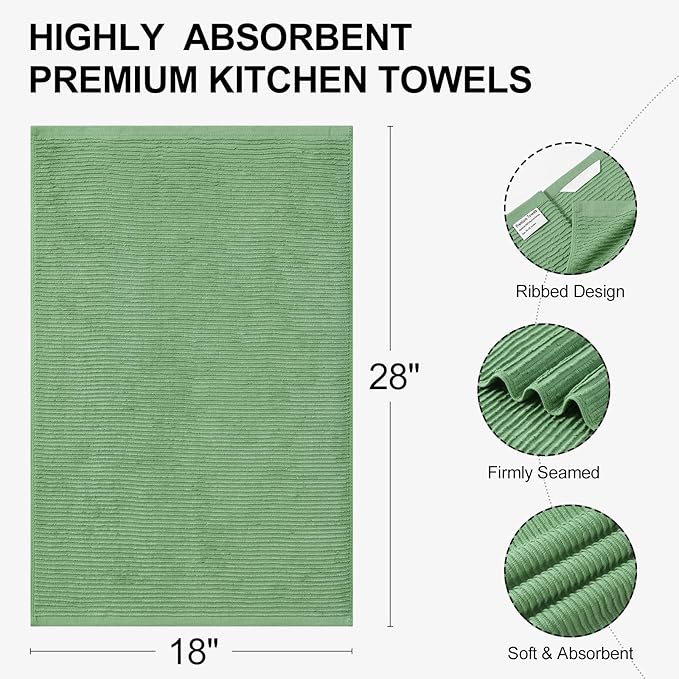 Homaxy Premium Kitchen Towels (18"x 28", 6 Pack), Large 100% Cotton Kitchen Hand Towels, Ultra Absorbent Ribbed Terry Tea Towels Set with Hanging Loop, Grass Green