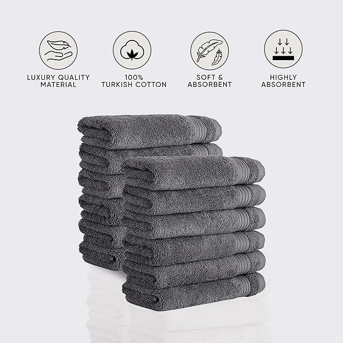 Classic Turkish Towels CTT - Premium Washcloths 12 Pack Set, 100% Turkish Cotton, Highly Absorbent & Quick Dry, Face Towels Wash Cloths for Hotel, Spa & Gym | 12"x12" (Grey)